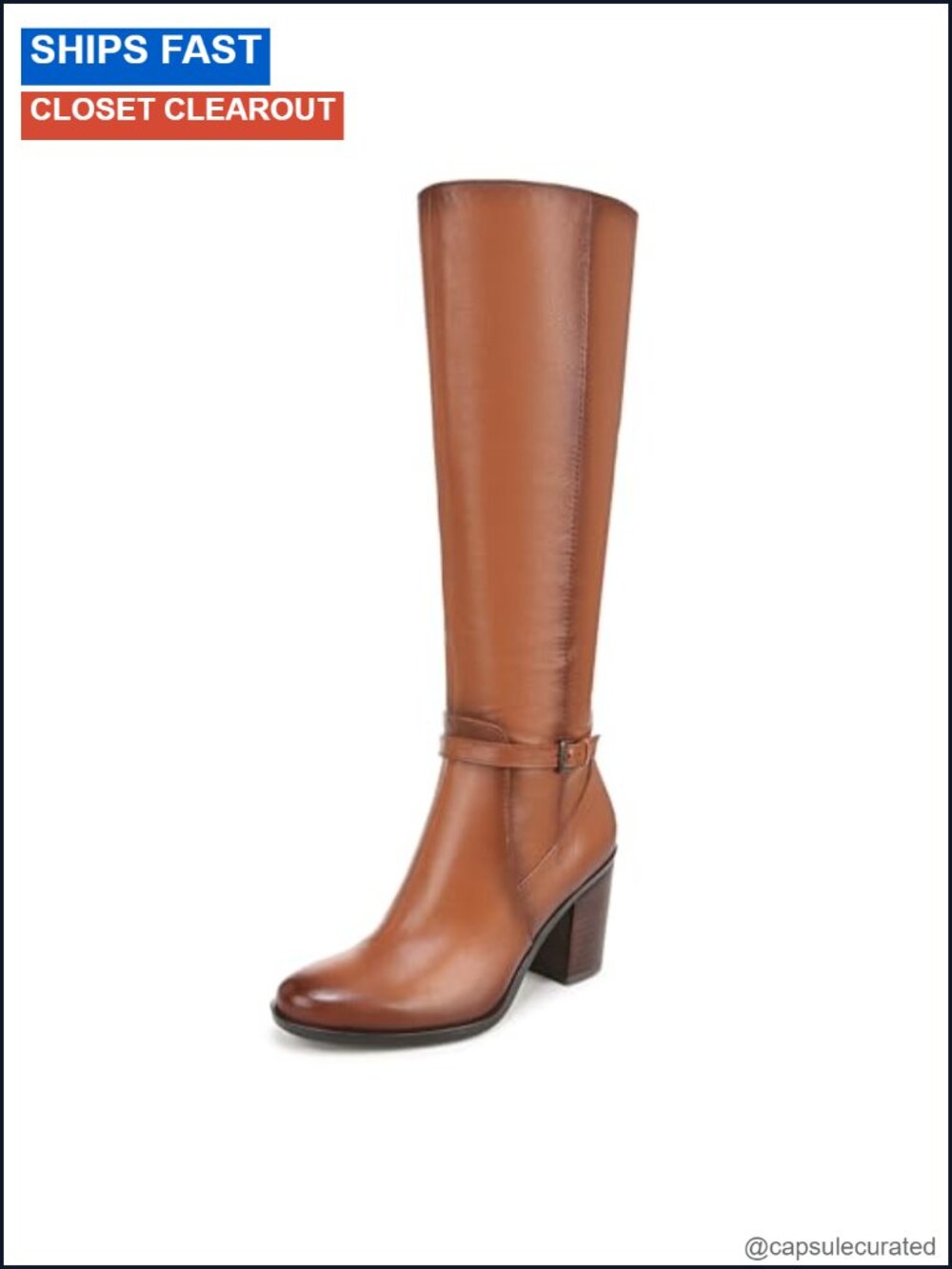 Leather Knee High Wide Calf Block Heel Zip Boots
